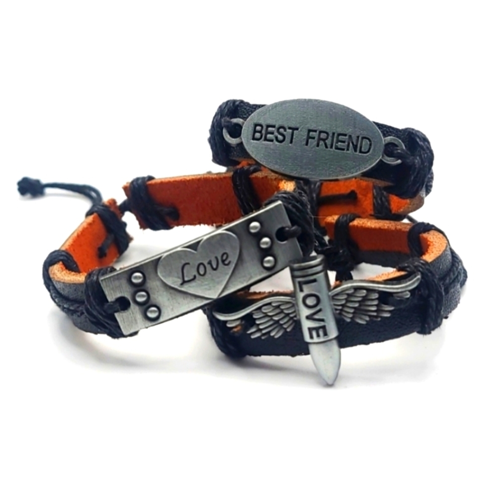 Best Friend, Love Bullet, and Heart Charm Bracelet Trio – 3-Piece Leather Set